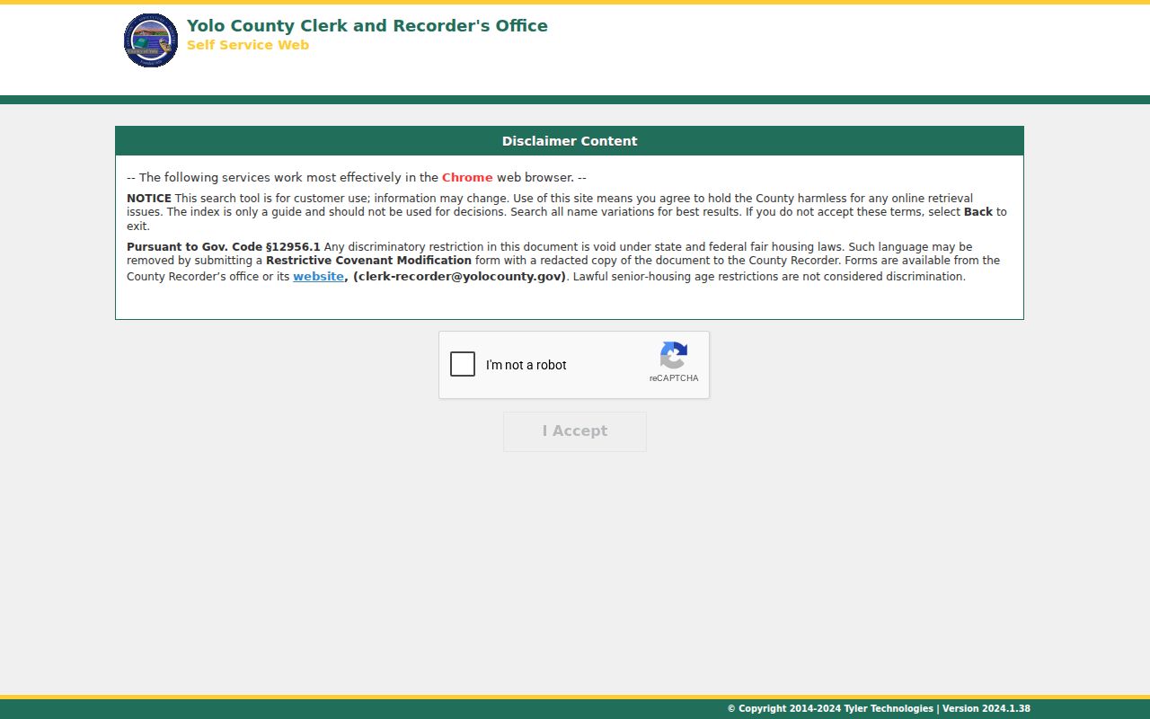 Yolo County public records Tyler recorder disclaimer screen