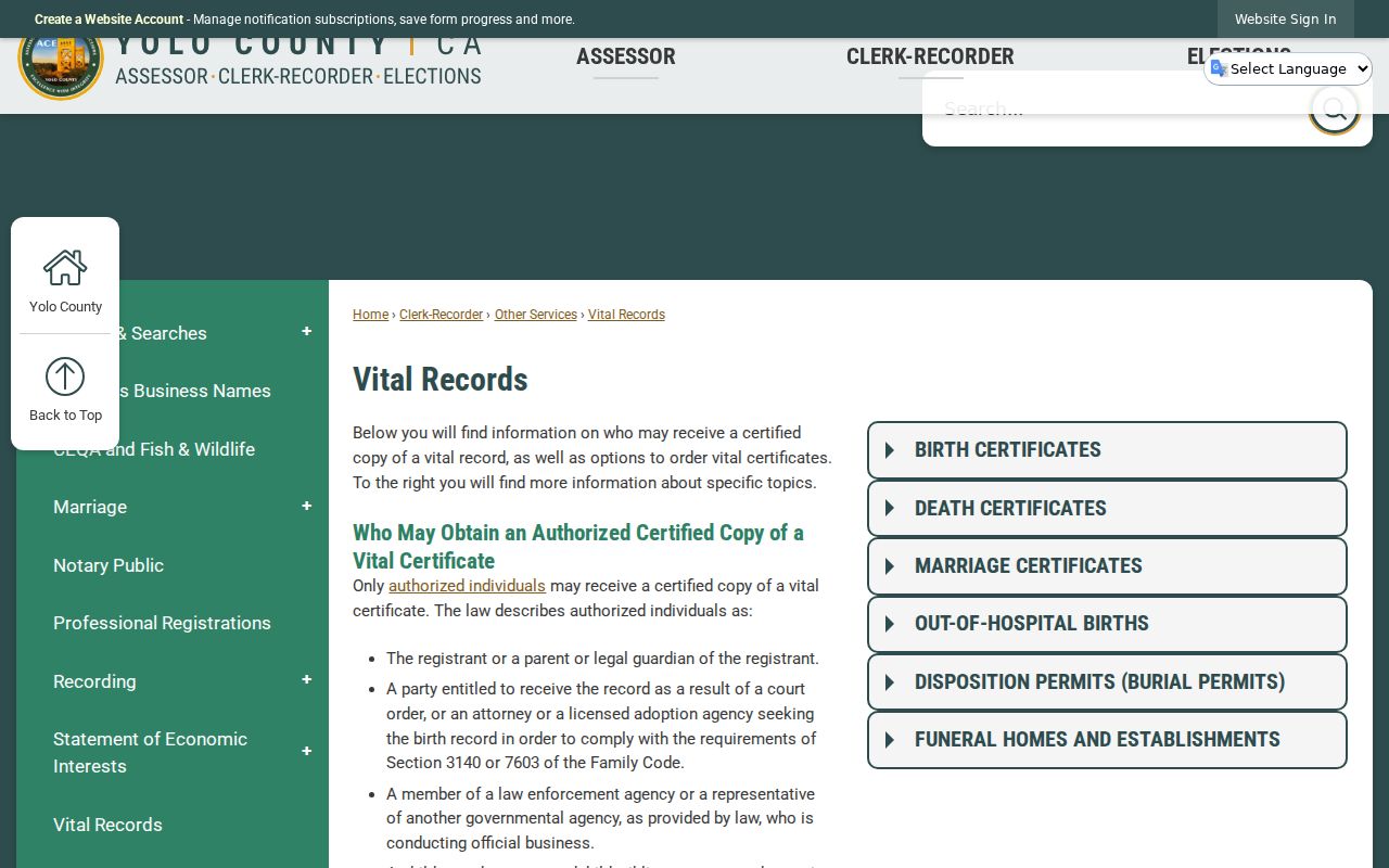 Yolo County public records vital certificate options and eligibility