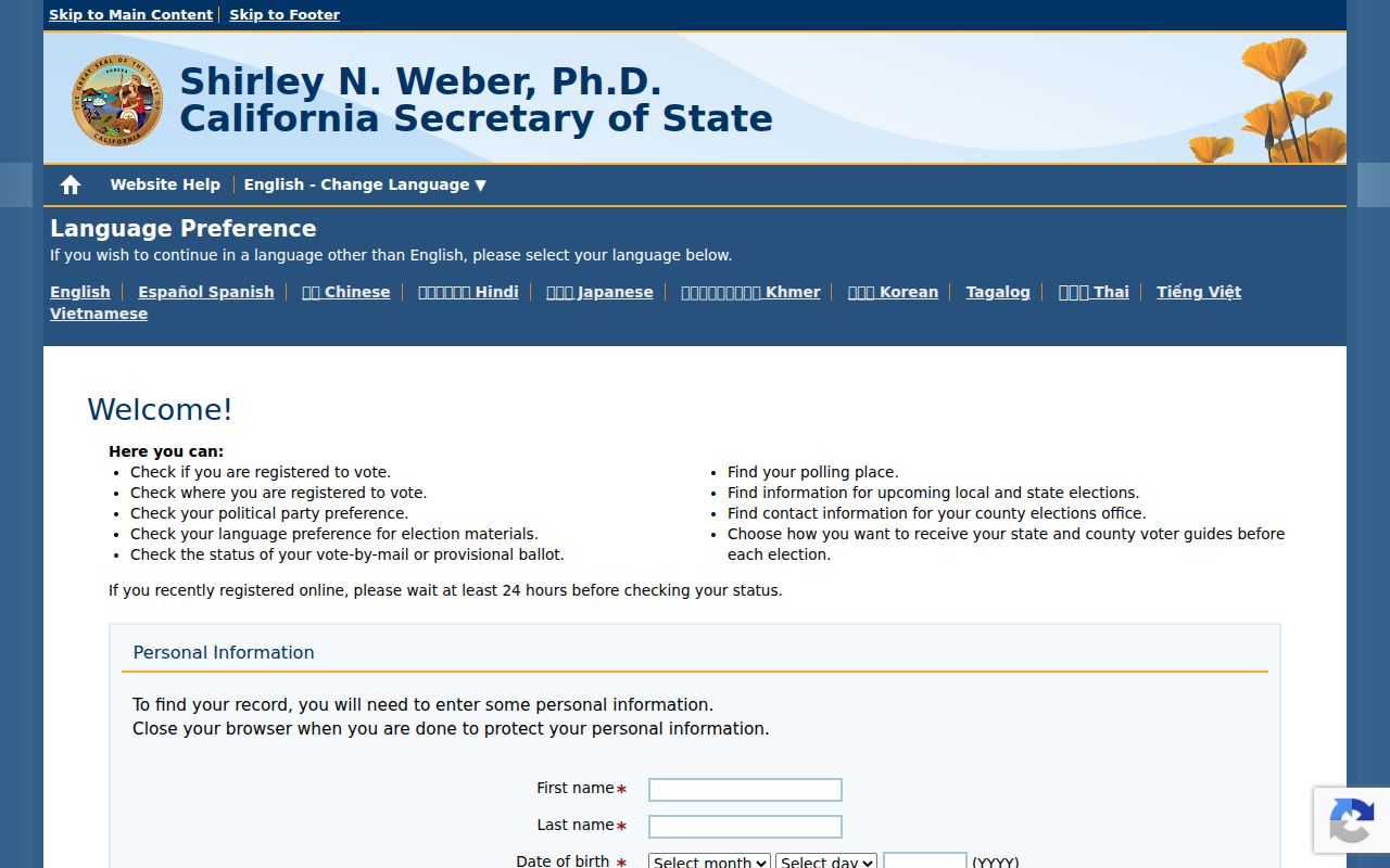 Yolo County voter registration records lookup on California My Voter Status