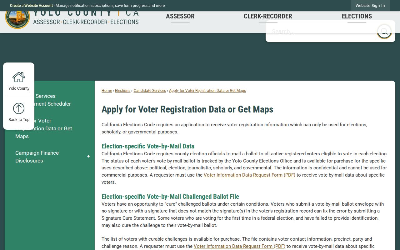 Yolo County voter registration records data request page
